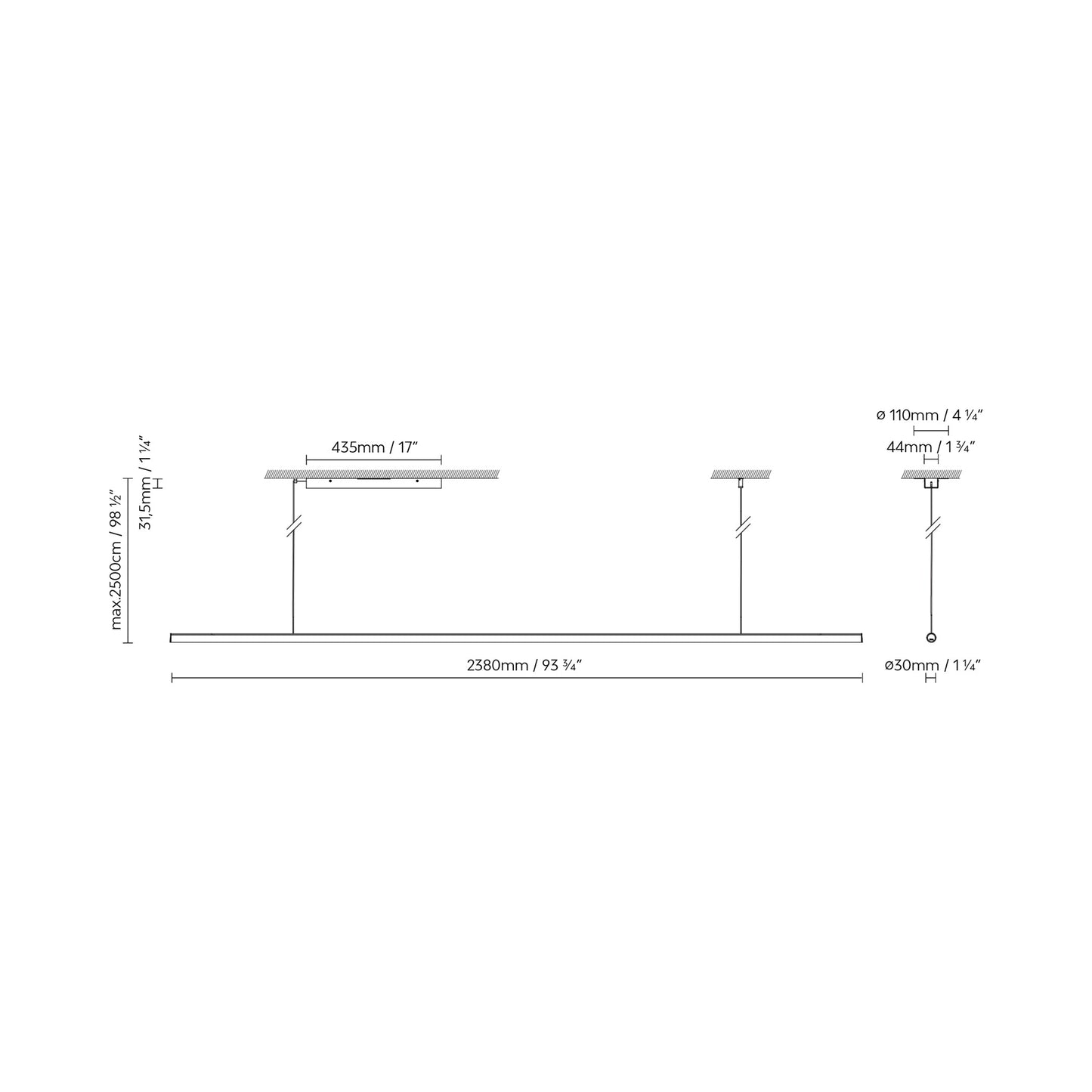 Blokinline Linear LED Pendant Light - line drawing.