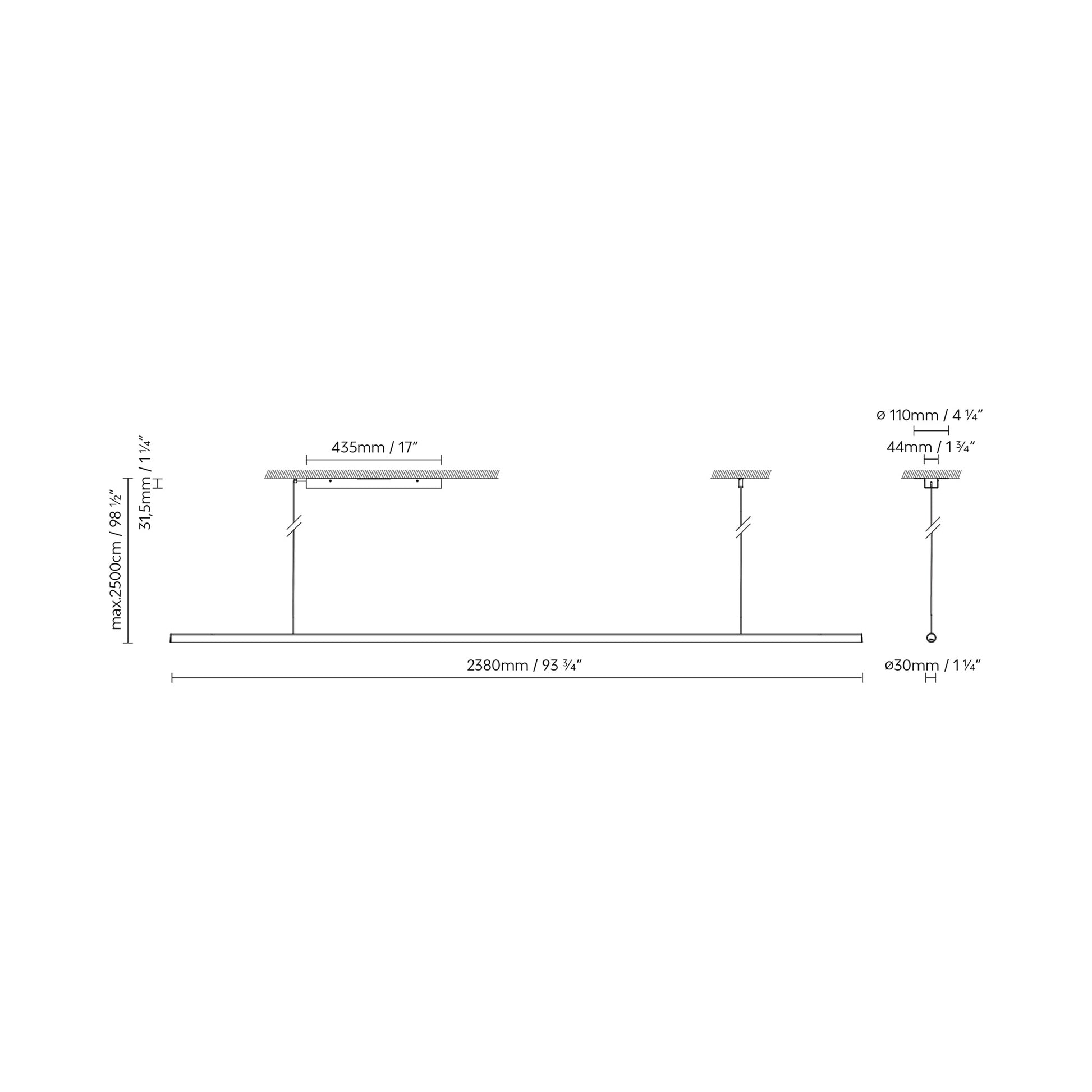 Blokinline Linear LED Pendant Light - line drawing.