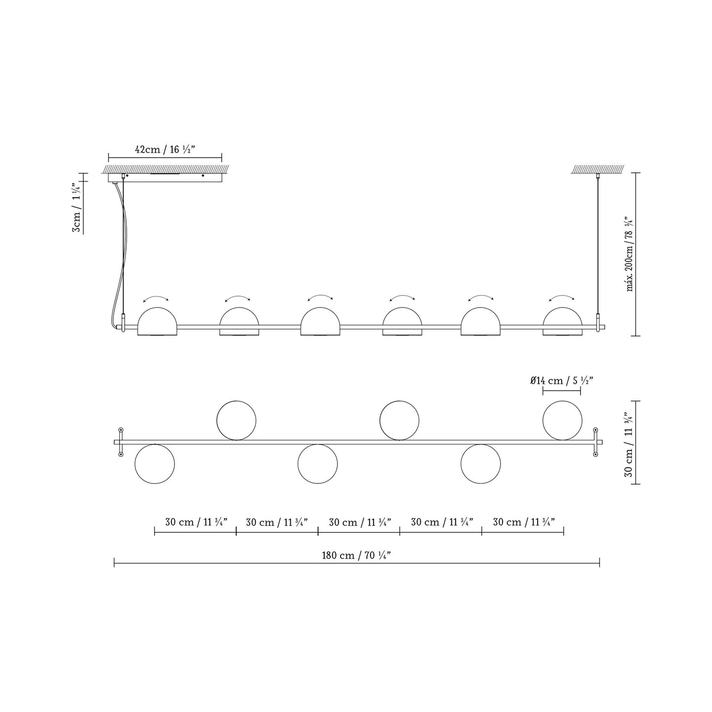 Bowee S6 LED Pendant Light - line drawing.