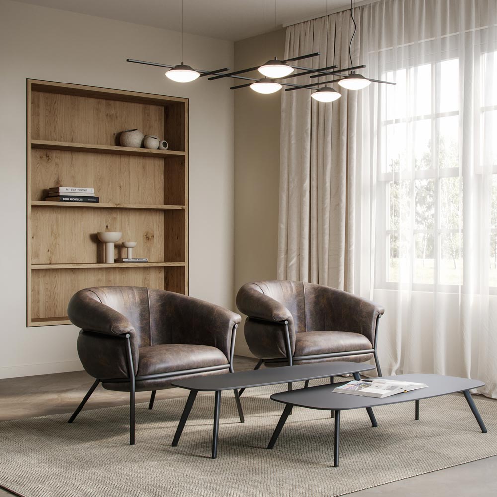 Crosshatch LED Pendant Light in living room.
