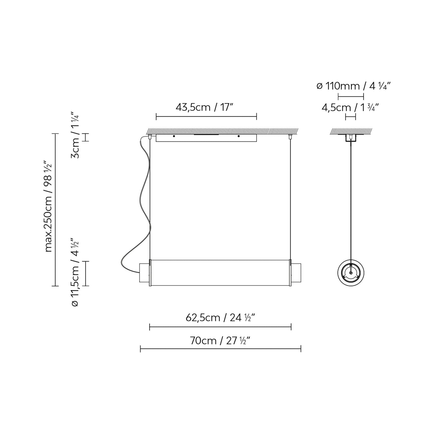Slim Skin Horizontal LED Pendant Light - line drawing.