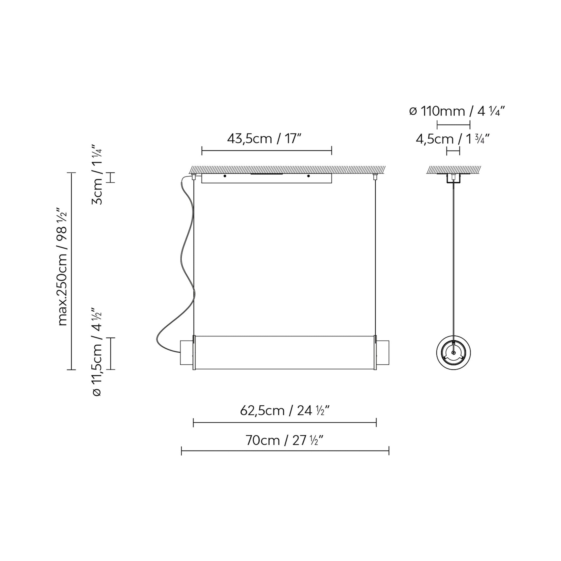 Slim Skin Horizontal LED Pendant Light - line drawing.