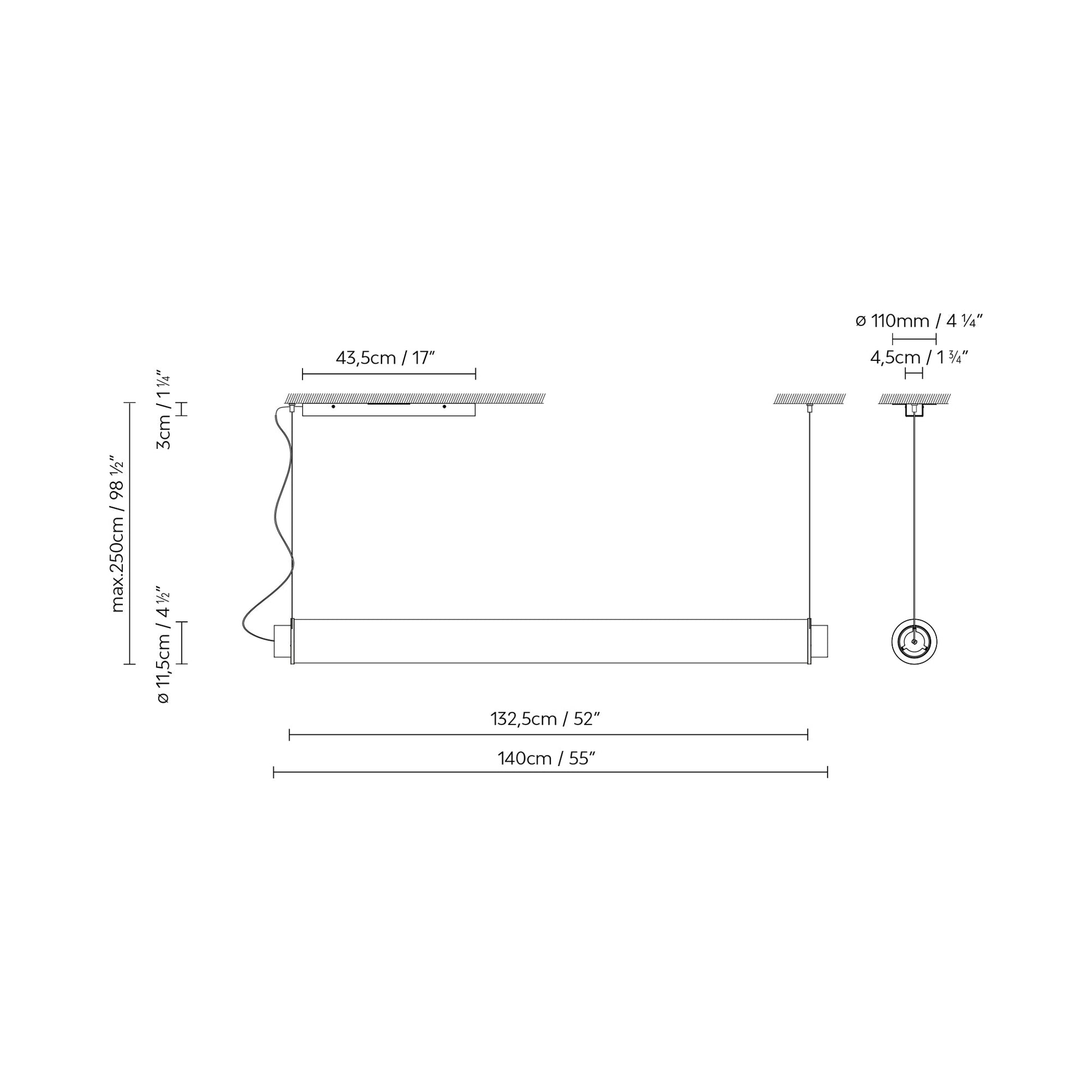 Slim Skin Horizontal LED Pendant Light - line drawing.