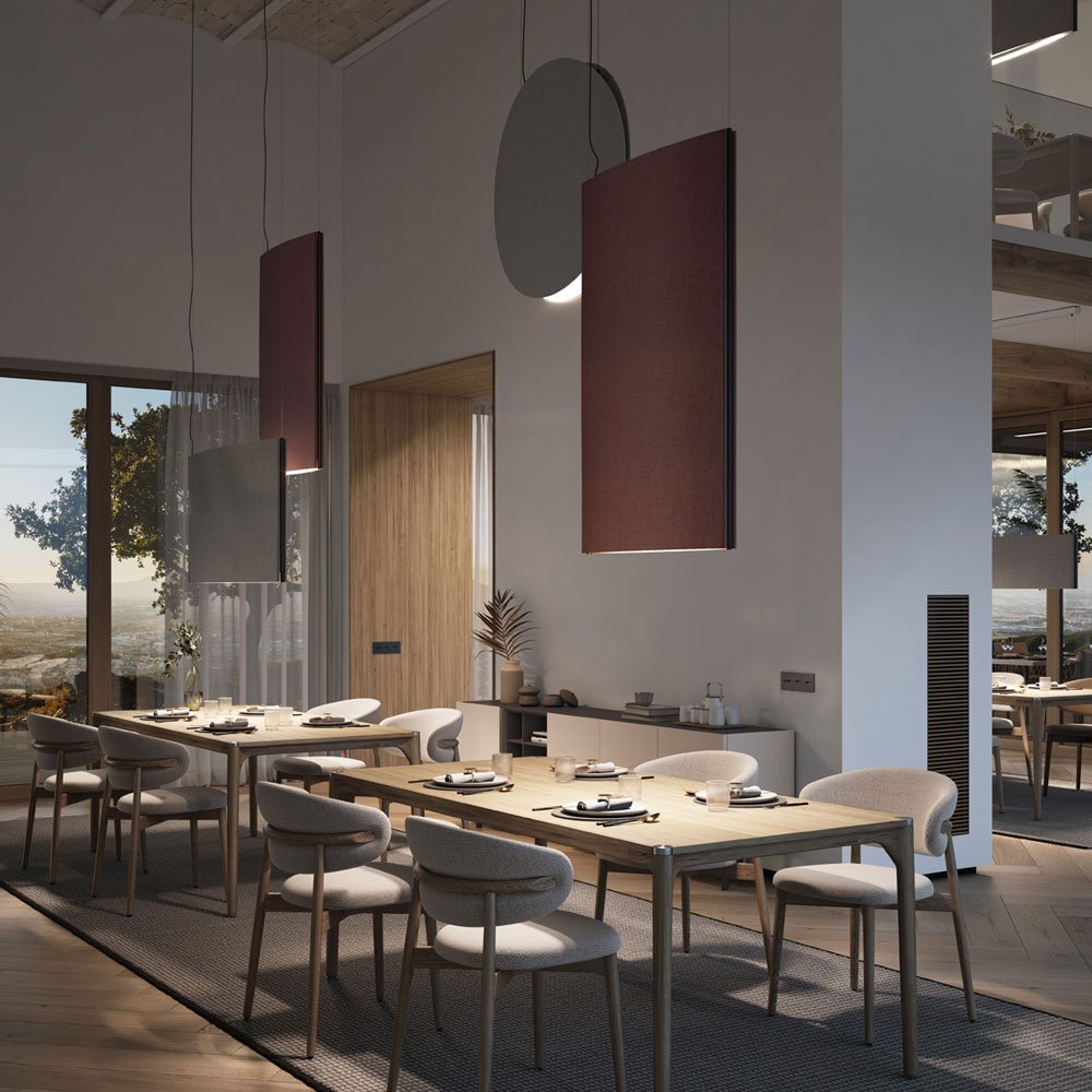 Noren Round LED Pendant Light in restaurant.