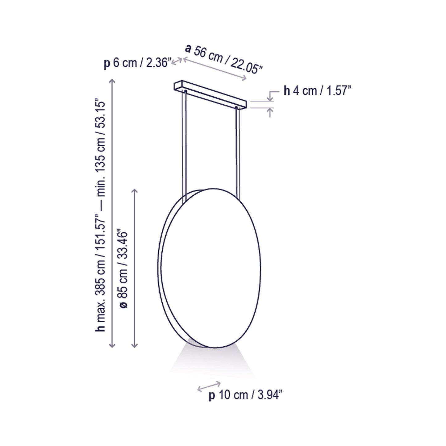 Noren Round LED Pendant Light - line drawing.