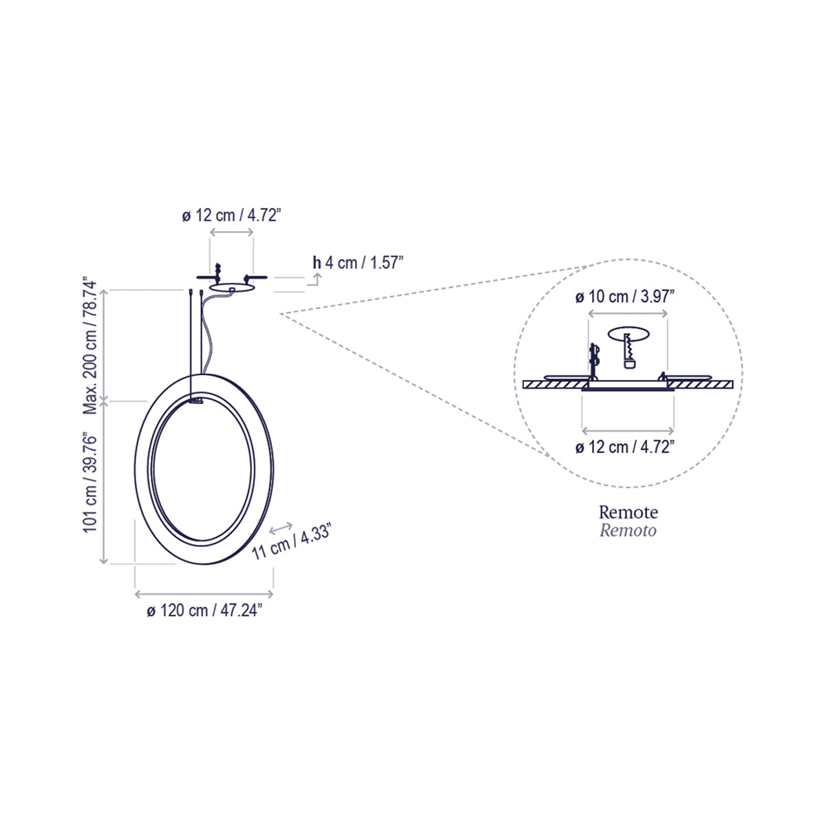 Roda LED Vertical Pendant Light - line drawing.