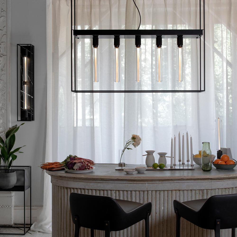 Caged Multi Light Flush Mount Ceiling Light in dining room.