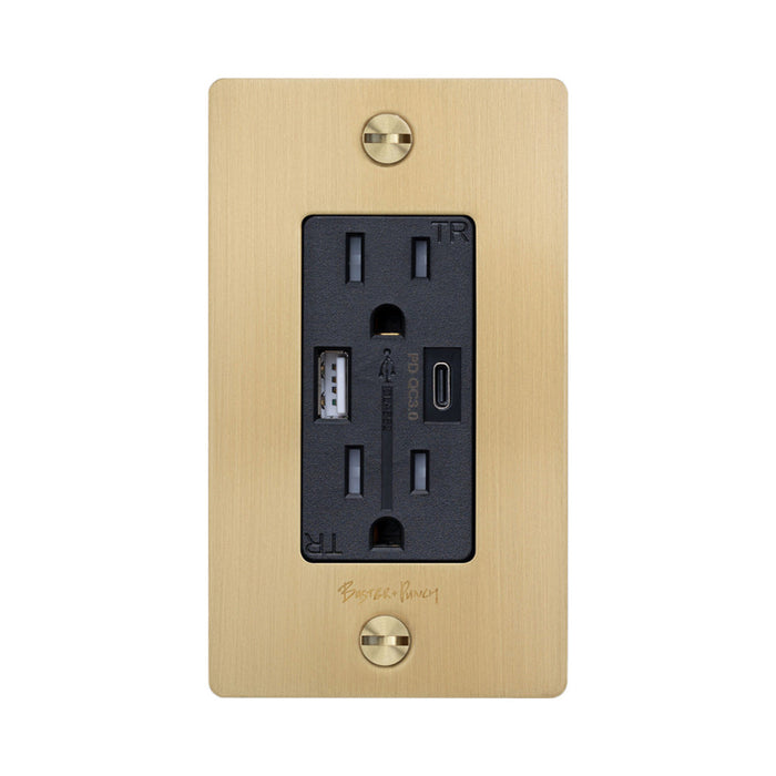 1G Combination Duplex Outlet with USB-A and USB-C Ports in Brass (Logo).