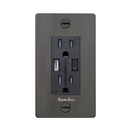 1G Combination Duplex Outlet with USB-A and USB-C Ports in Smoked Bronze (Logo).