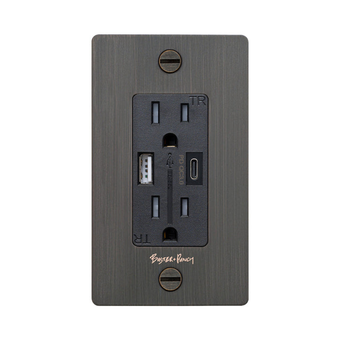 1G Combination Duplex Outlet with USB-A and USB-C Ports in Smoked Bronze (Logo).