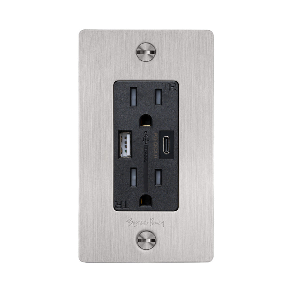 1G Combination Duplex Outlet with USB-A and USB-C Ports in Steel (Logo).