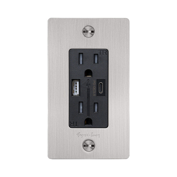 1G Combination Duplex Outlet with USB-A and USB-C Ports in Steel (Logo).