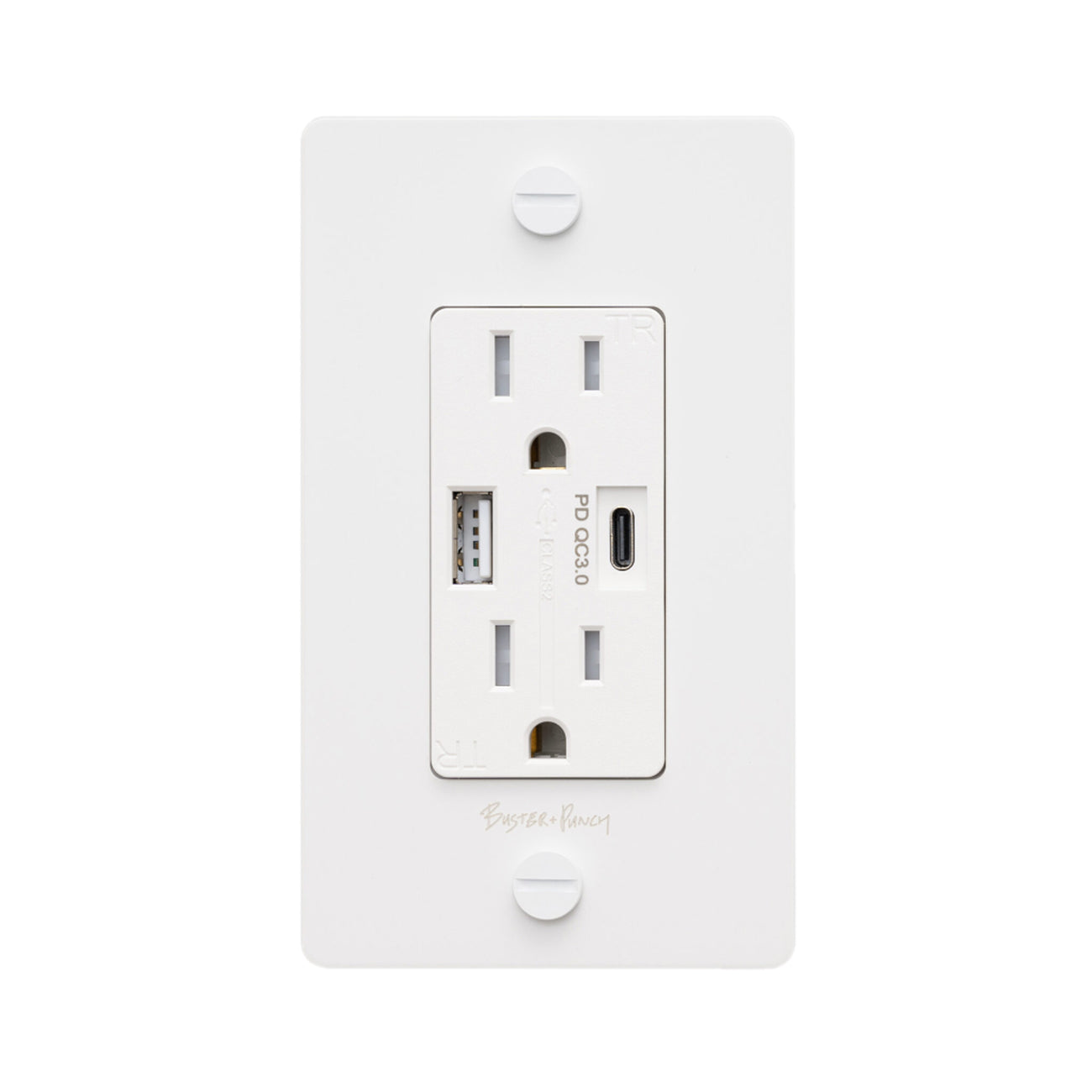 1G Combination Duplex Outlet with USB-A and USB-C Ports in White (Logo).