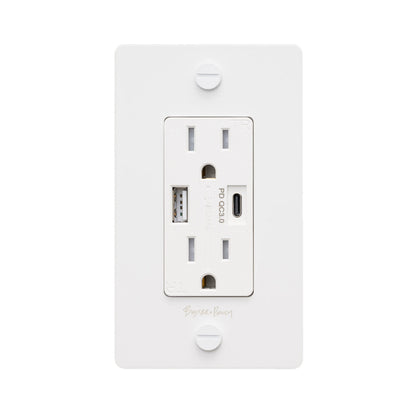 1G Combination Duplex Outlet with USB-A and USB-C Ports in White (Logo).