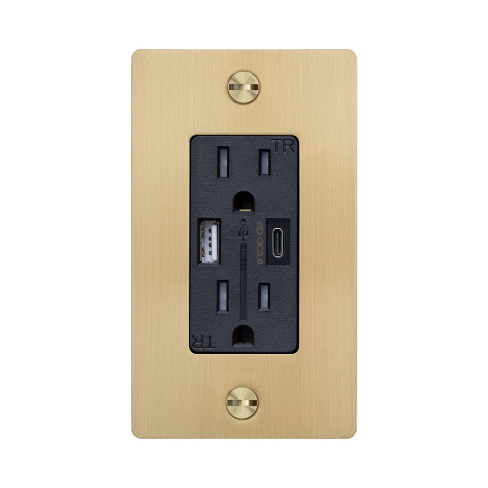 1G Combination Duplex Outlet with USB-A and USB-C Ports in Brass (Without Logo).