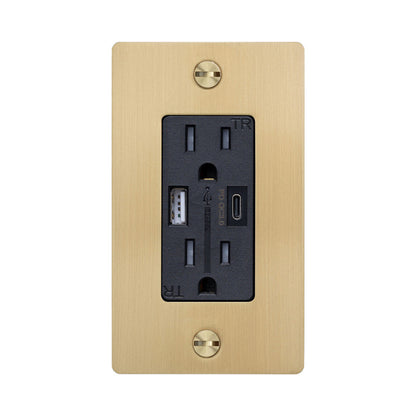 1G Combination Duplex Outlet with USB-A and USB-C Ports in Brass (Without Logo).