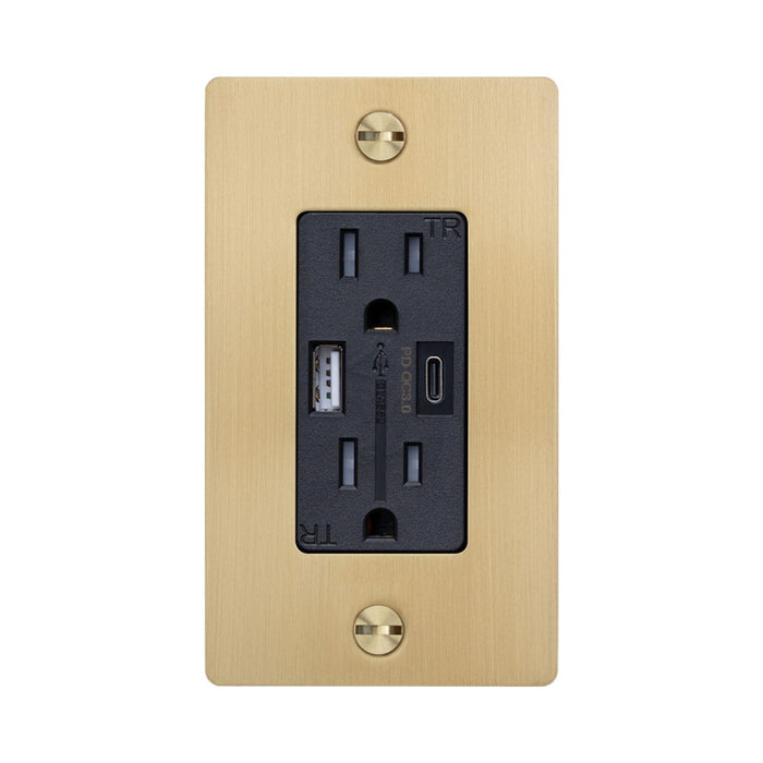 1G Combination Duplex Outlet with USB-A and USB-C Ports in Brass (Without Logo).