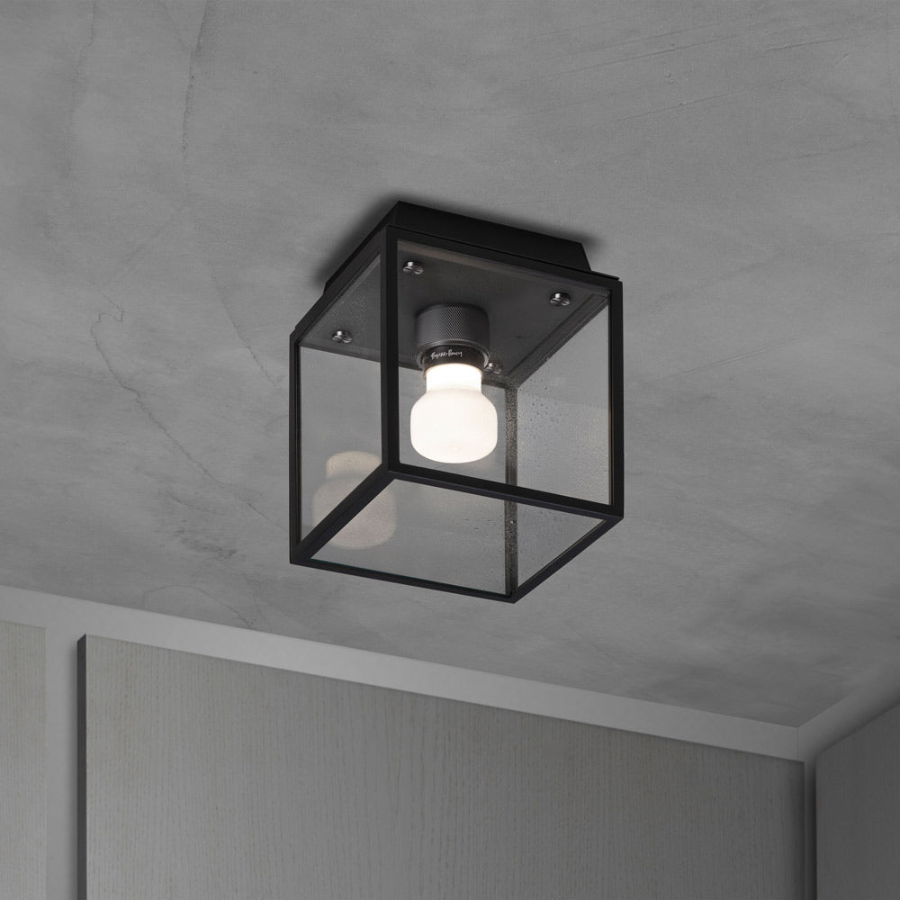 Caged Outdoor Flush Mount Ceiling Light in Black/Gun Metal.