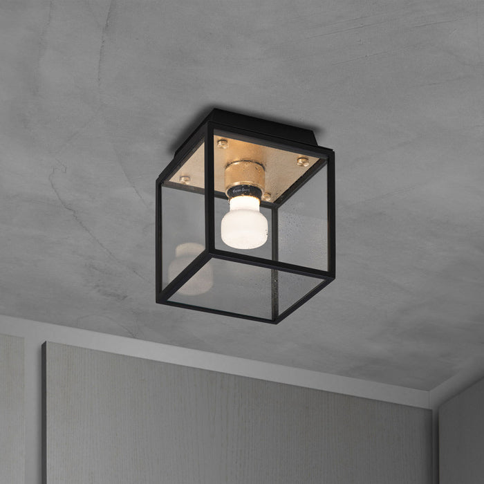 Caged Outdoor Flush Mount Ceiling Light in Brass.