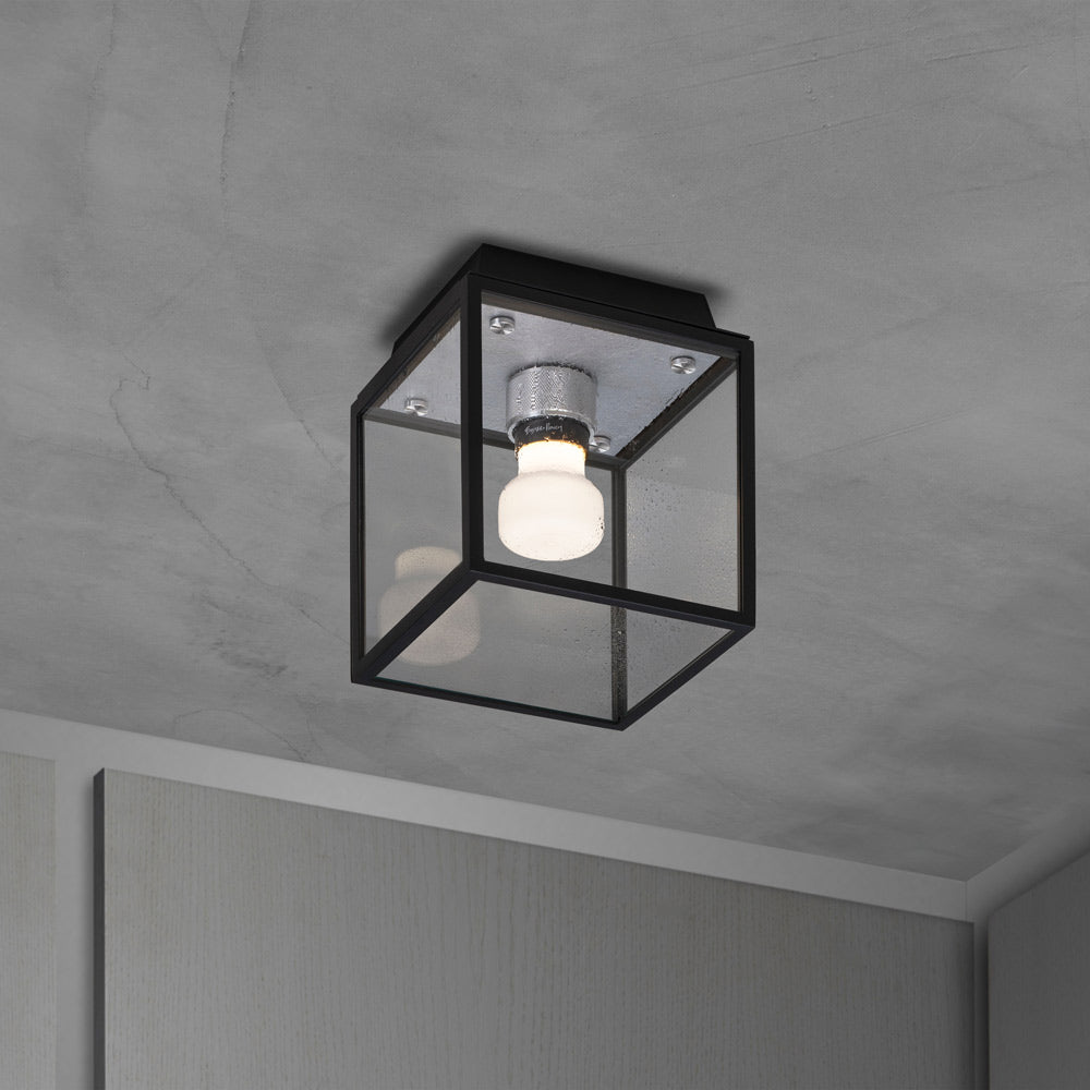 Caged Outdoor Flush Mount Ceiling Light in Steel.