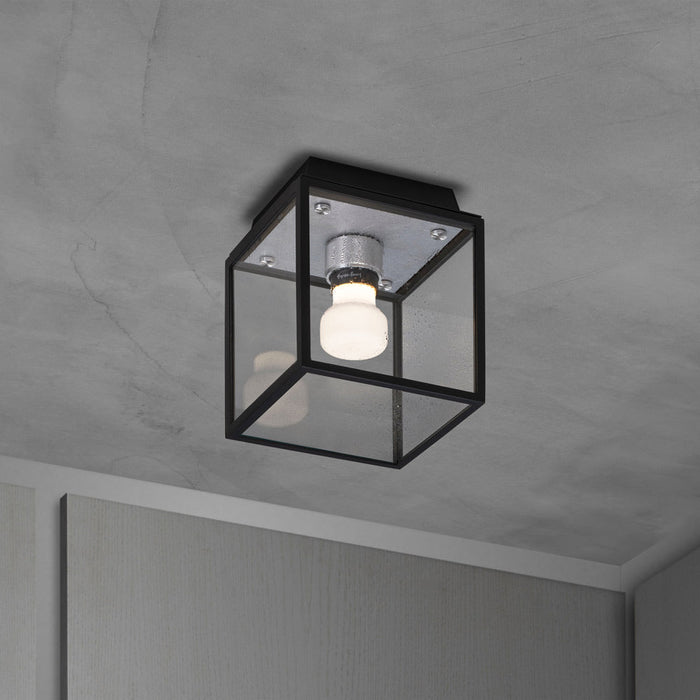 Caged Outdoor Flush Mount Ceiling Light in Steel.