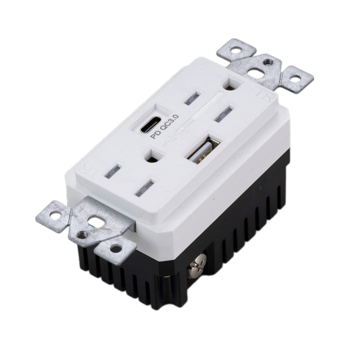 Combination Duplex Outlet Module with USB-A and USB-C Ports in White.