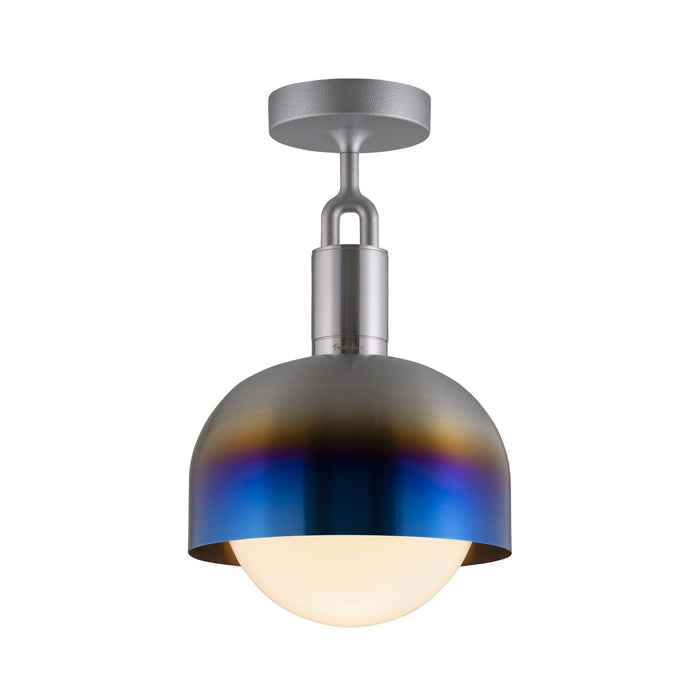 Forked Shade Globe Semi Flush Mount Ceiling Light in Burnt Steel/Opal (Medium).