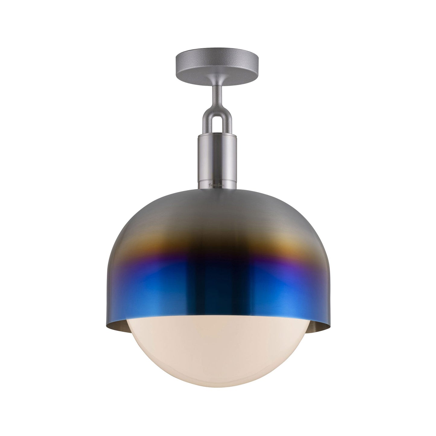 Forked Shade Globe Semi Flush Mount Ceiling Light in Burnt Steel/Opal (Large).