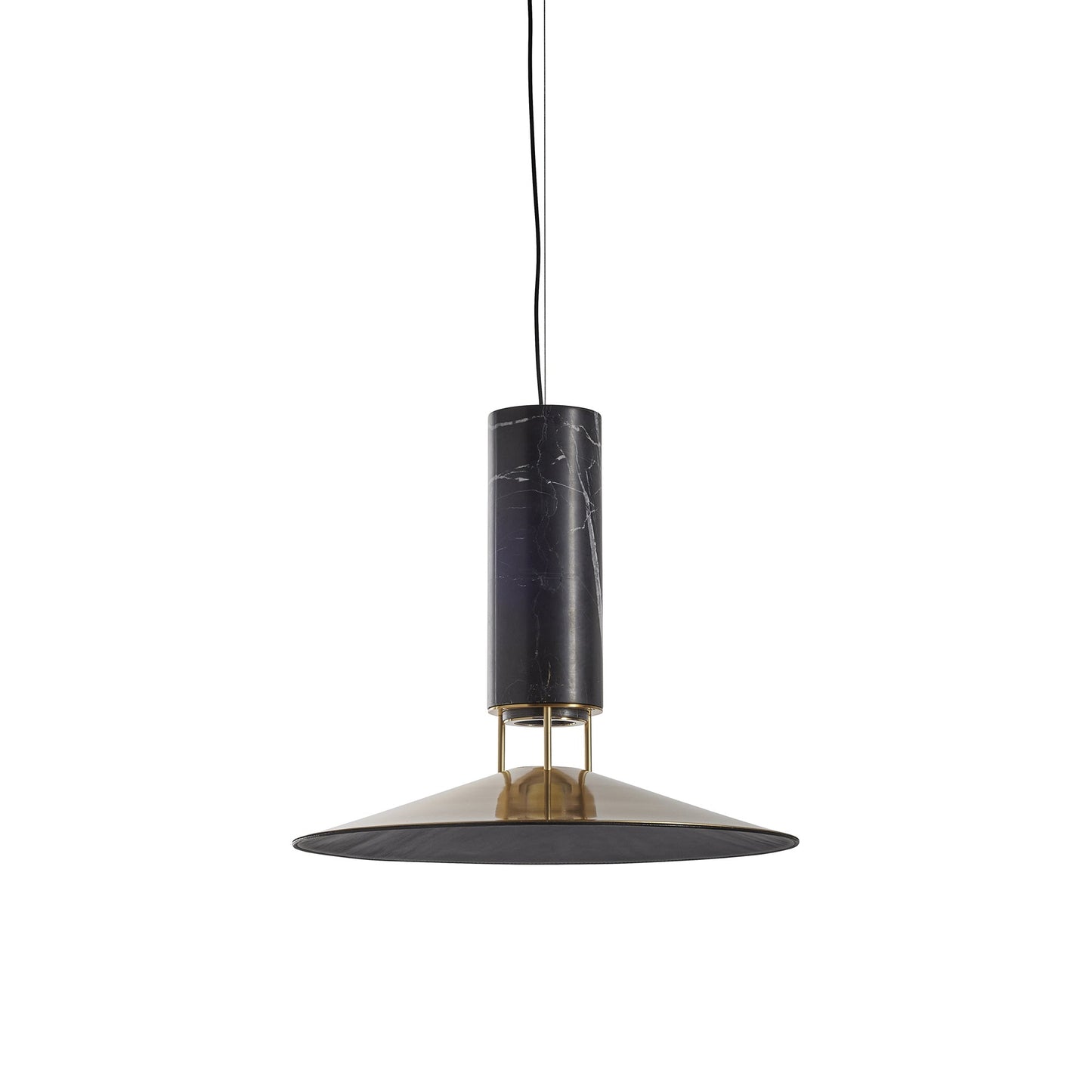 Rebound Pendant Light in Black/Brass/Leather Shade.