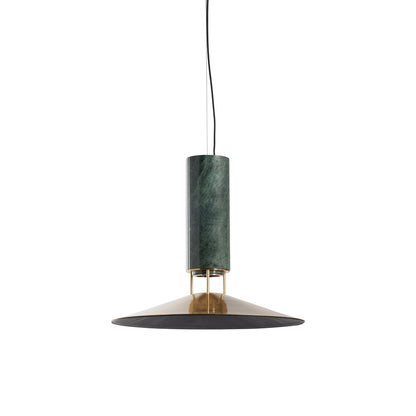Rebound Pendant Light in Green/Brass/Leather Shade.