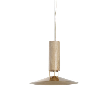 Rebound Pendant Light in Travertine/Brass/Leather Shade.