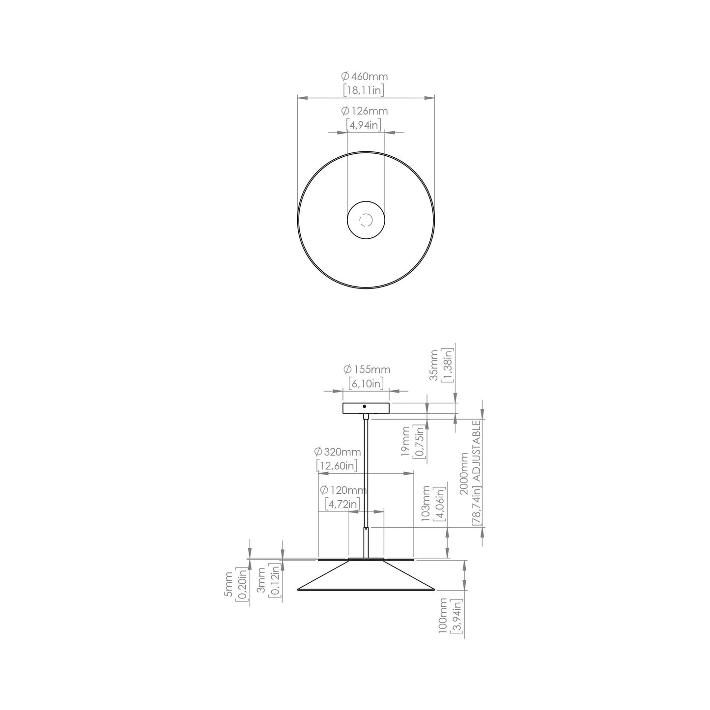 Asia LED Pendant Light - line drawing.