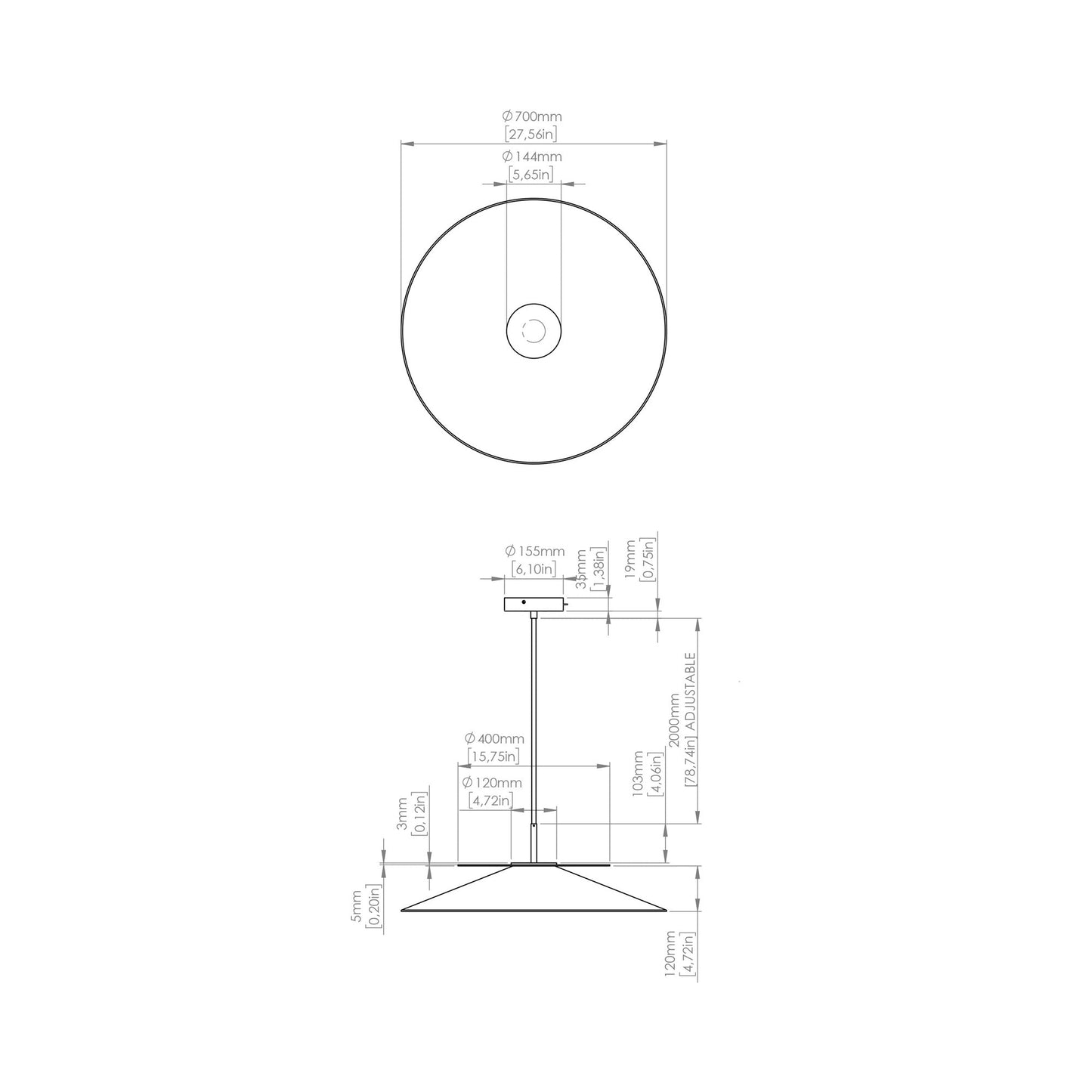 Asia LED Pendant Light - line drawing.