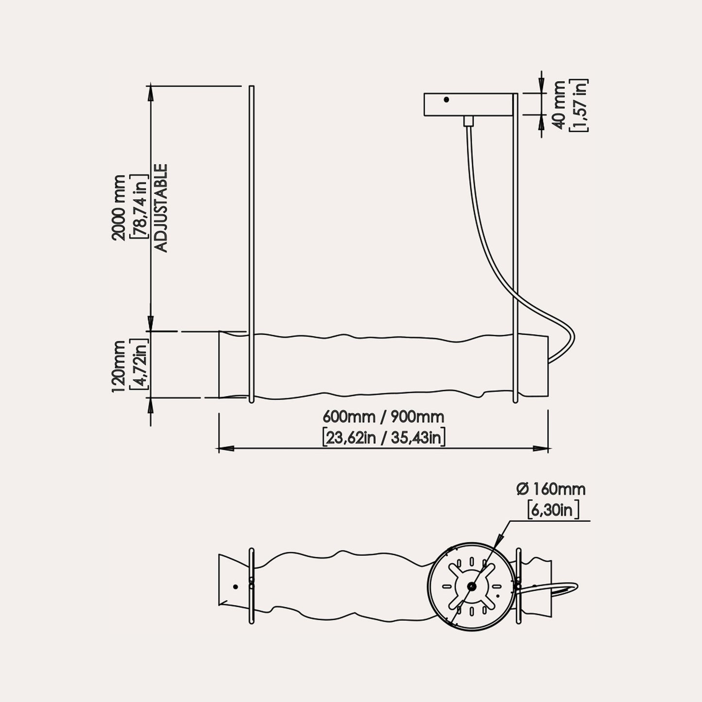 Baggy LED Horizontal Pendant Light - line drawing.