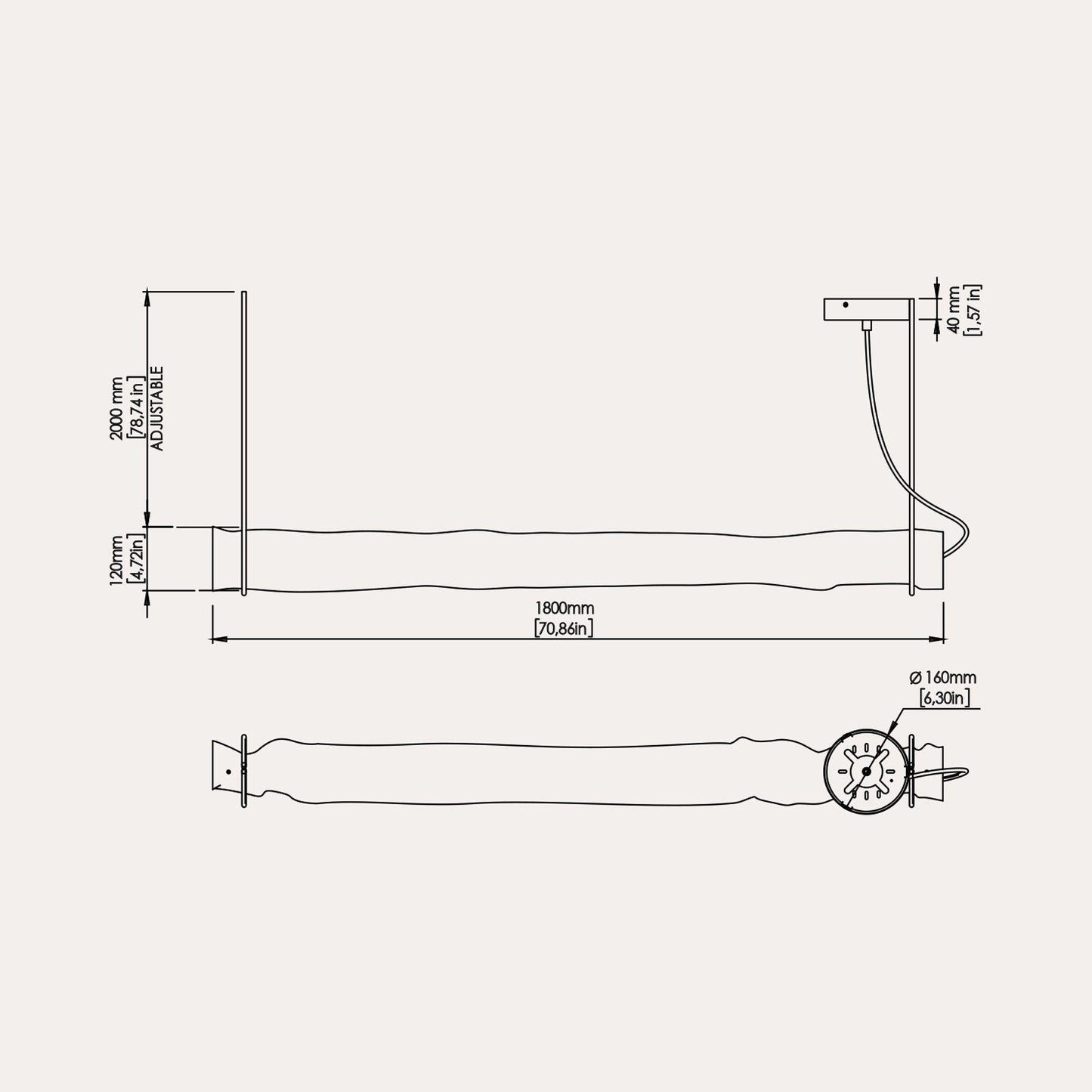 Baggy LED Horizontal Pendant Light - line drawing.