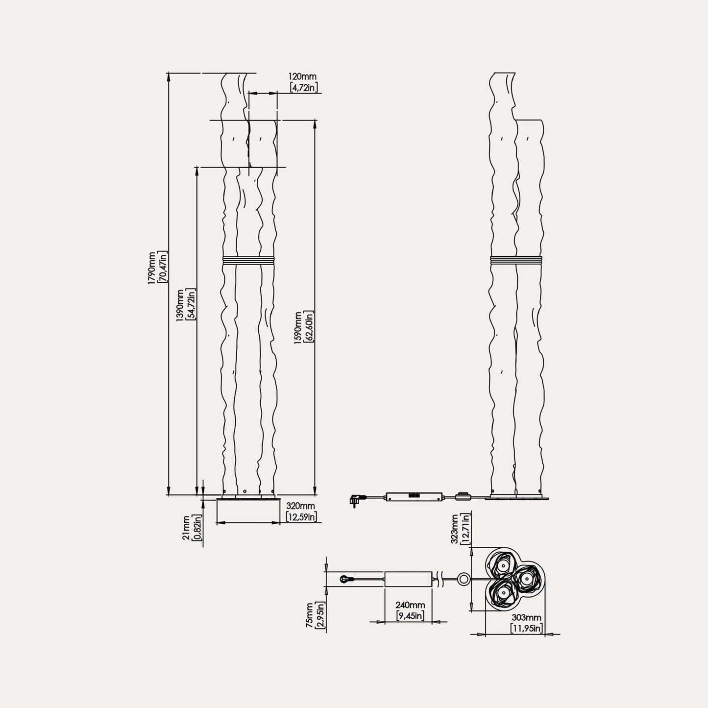 Baggy LED Trio Floor Lamp - line drawing.