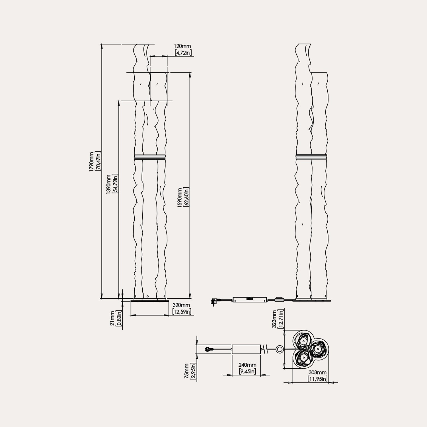 Baggy LED Trio Floor Lamp - line drawing.