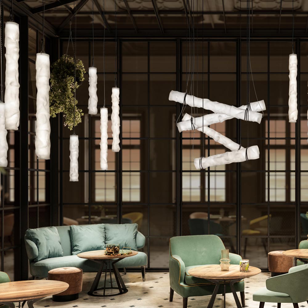 Baggy LED Vertical Pendant Light in cafe.