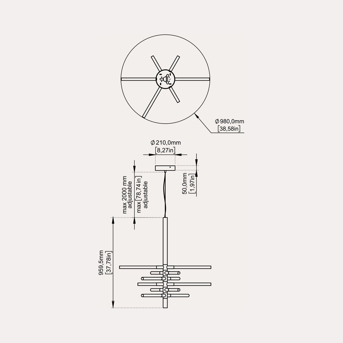 Bianca LED Pendant Light - line drawing.
