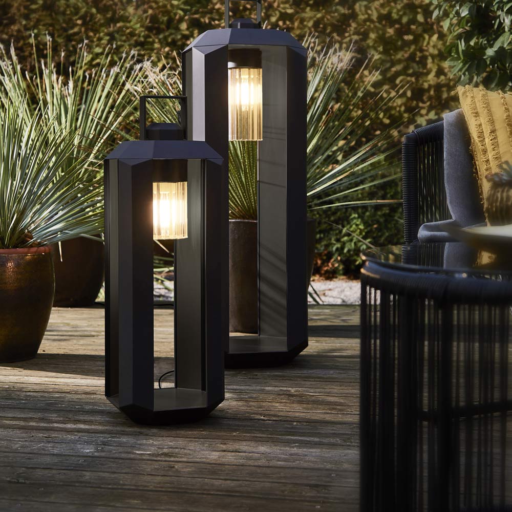 Cube Outdoor LED Floor Lamp in Outside Area.