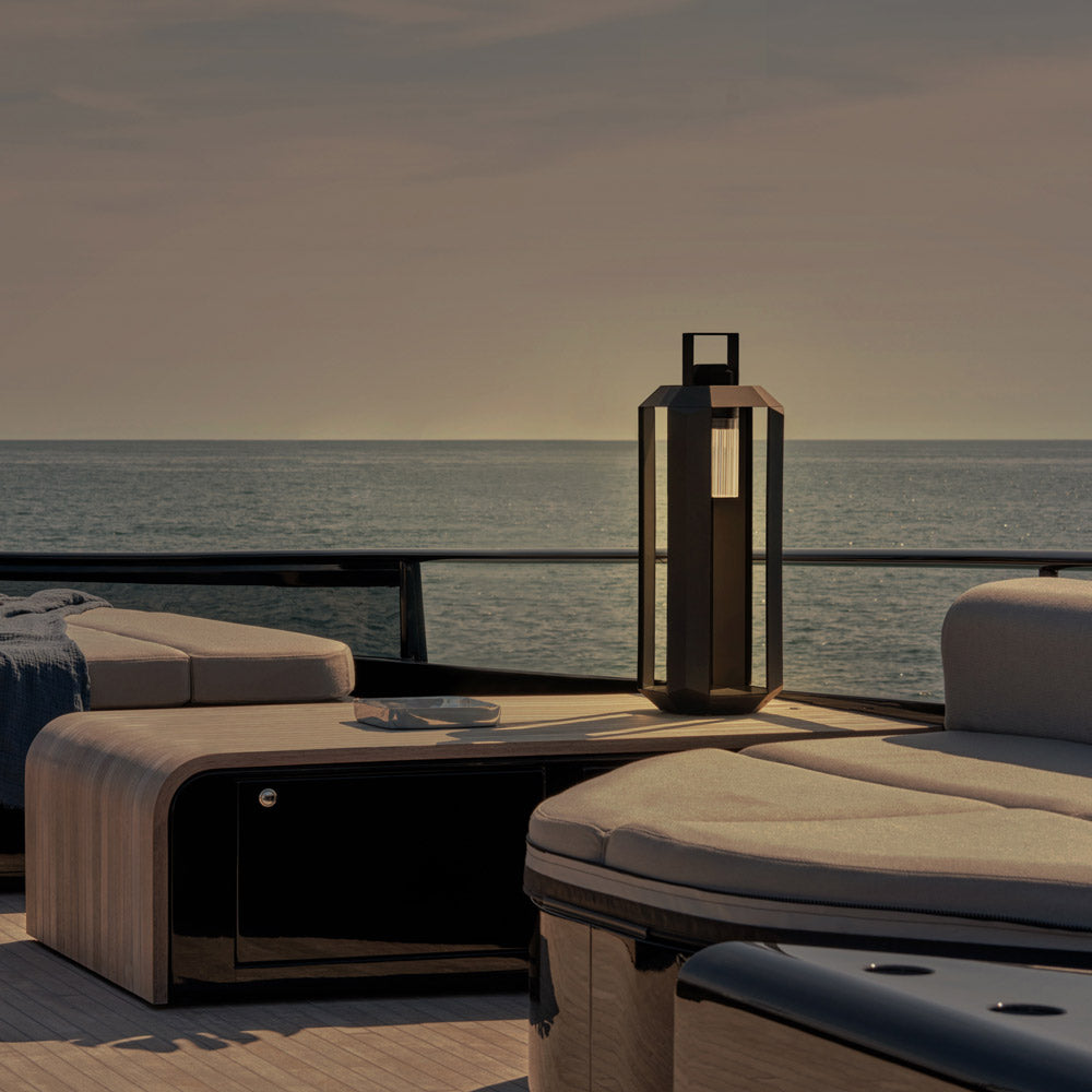 Cube Outdoor LED Rechargeable Floor Lamp in Outside Area.