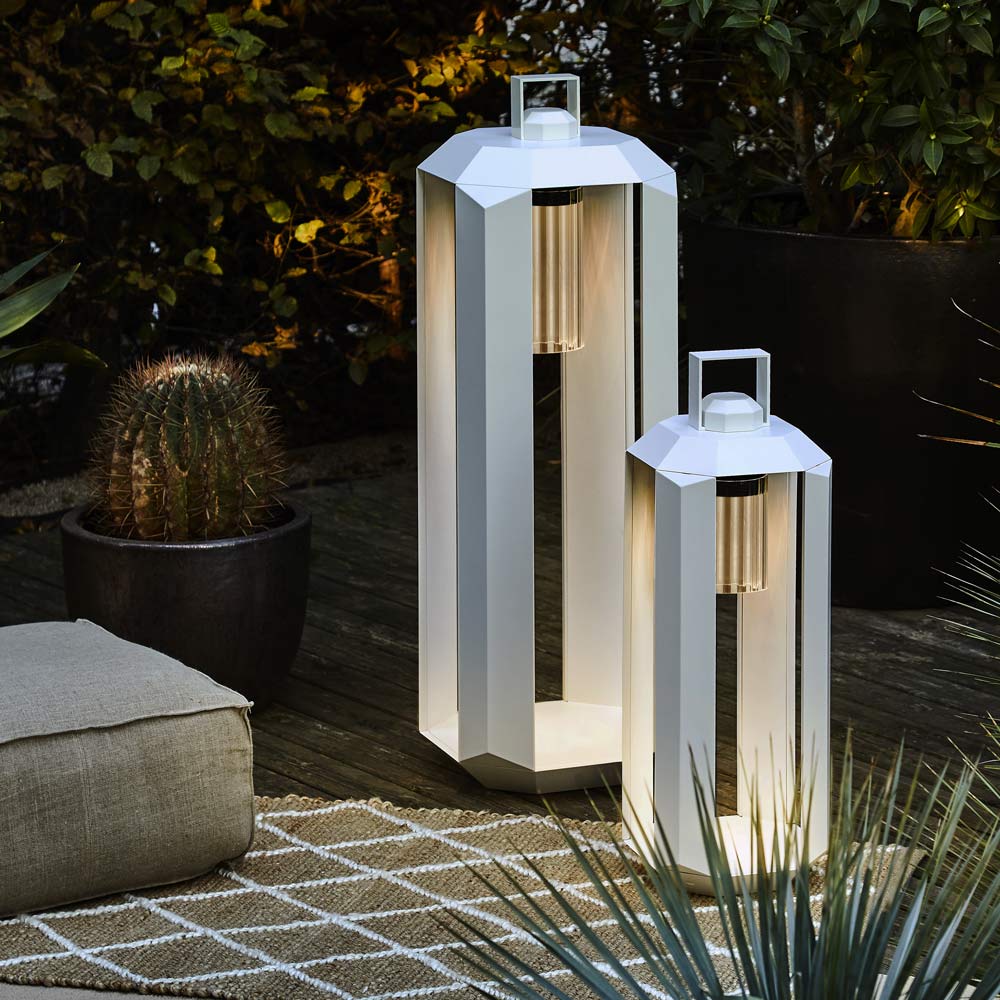 Cube Outdoor LED Rechargeable Floor Lamp in Outside Area.