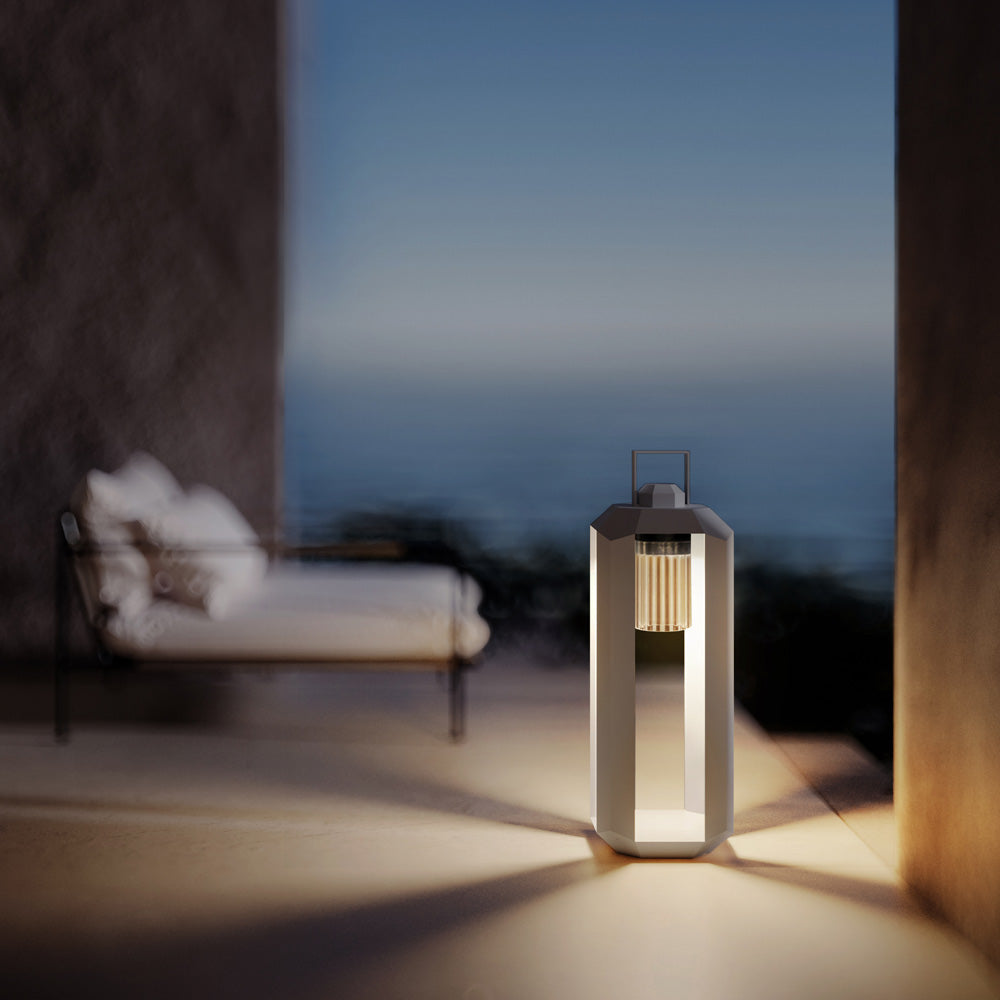 Cube Outdoor LED Rechargeable Floor Lamp in Outside Area.