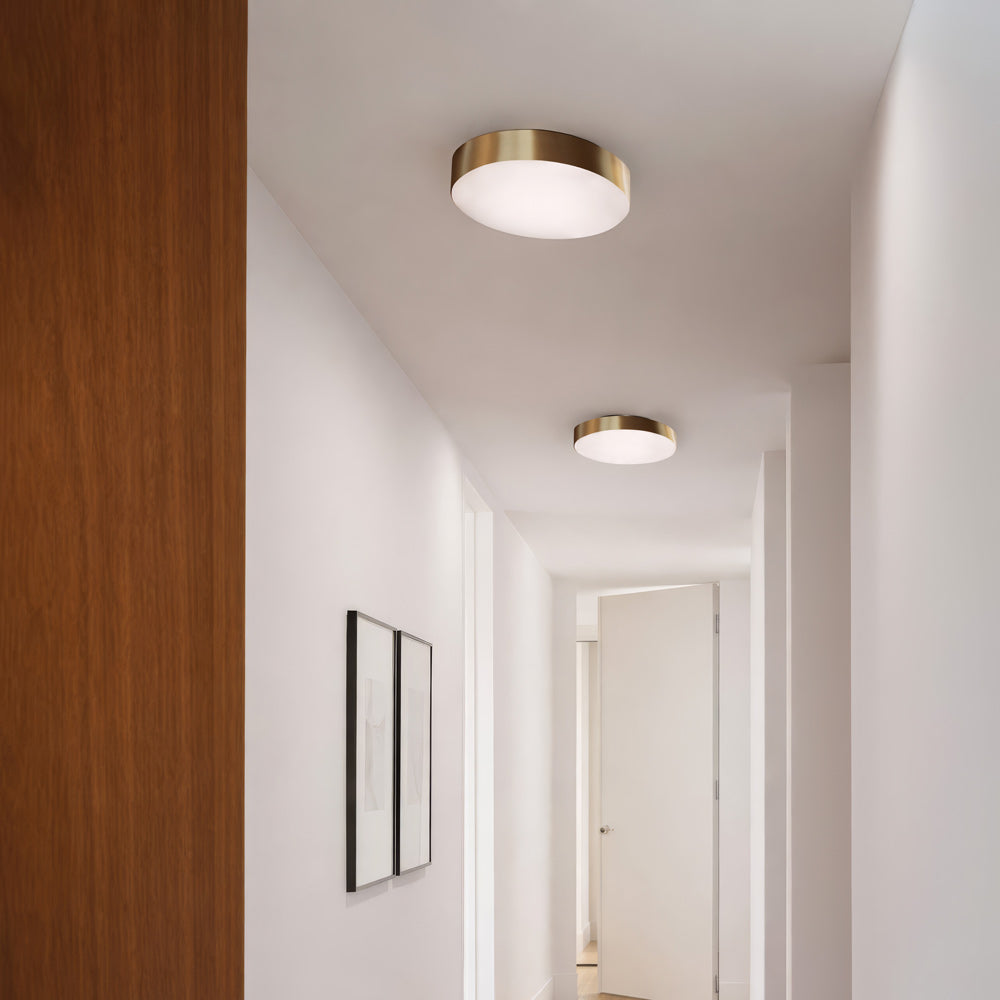 Discus LED Flush Mount Ceiling Light in hallway.