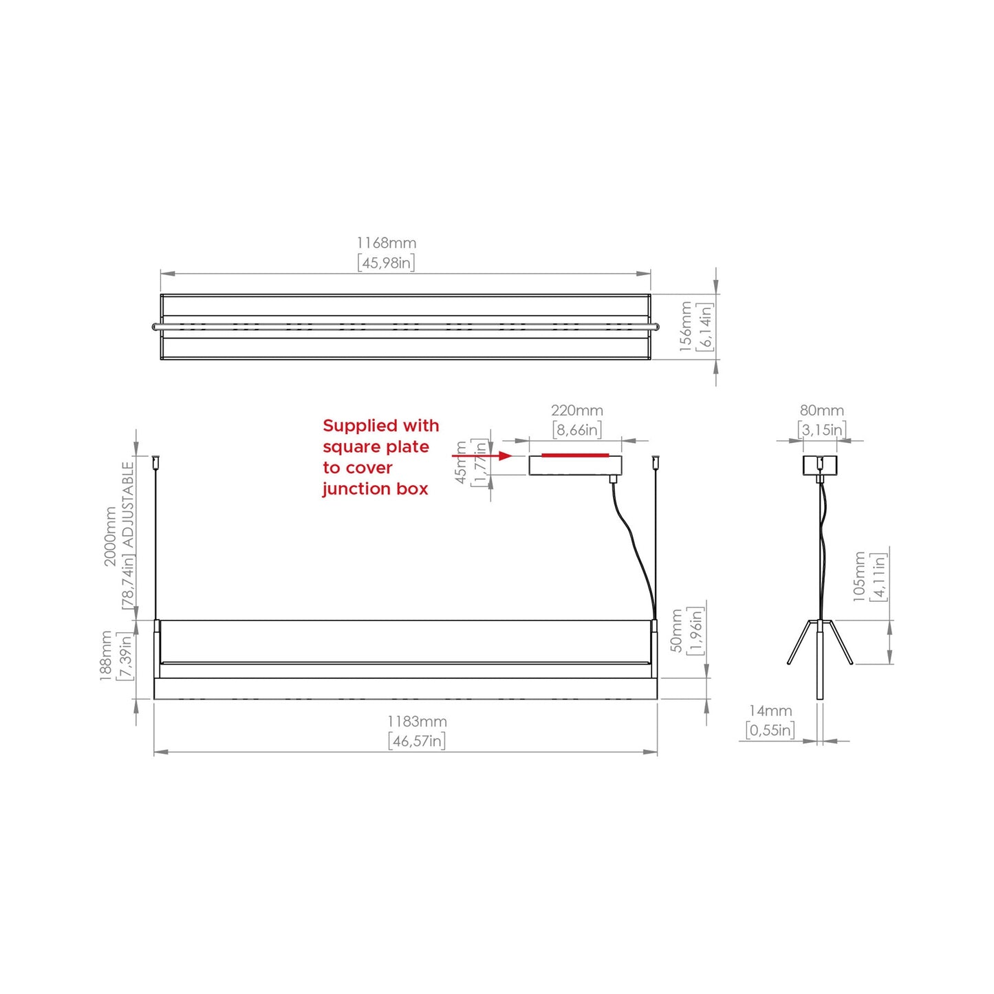 Fly LED Pendant Light - line drawing.