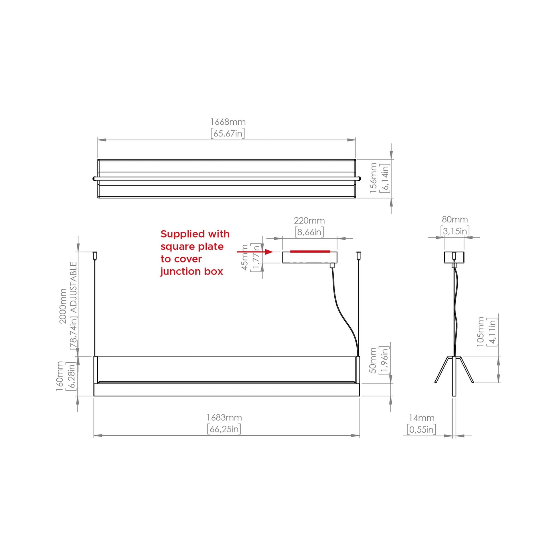 Fly LED Pendant Light - line drawing.