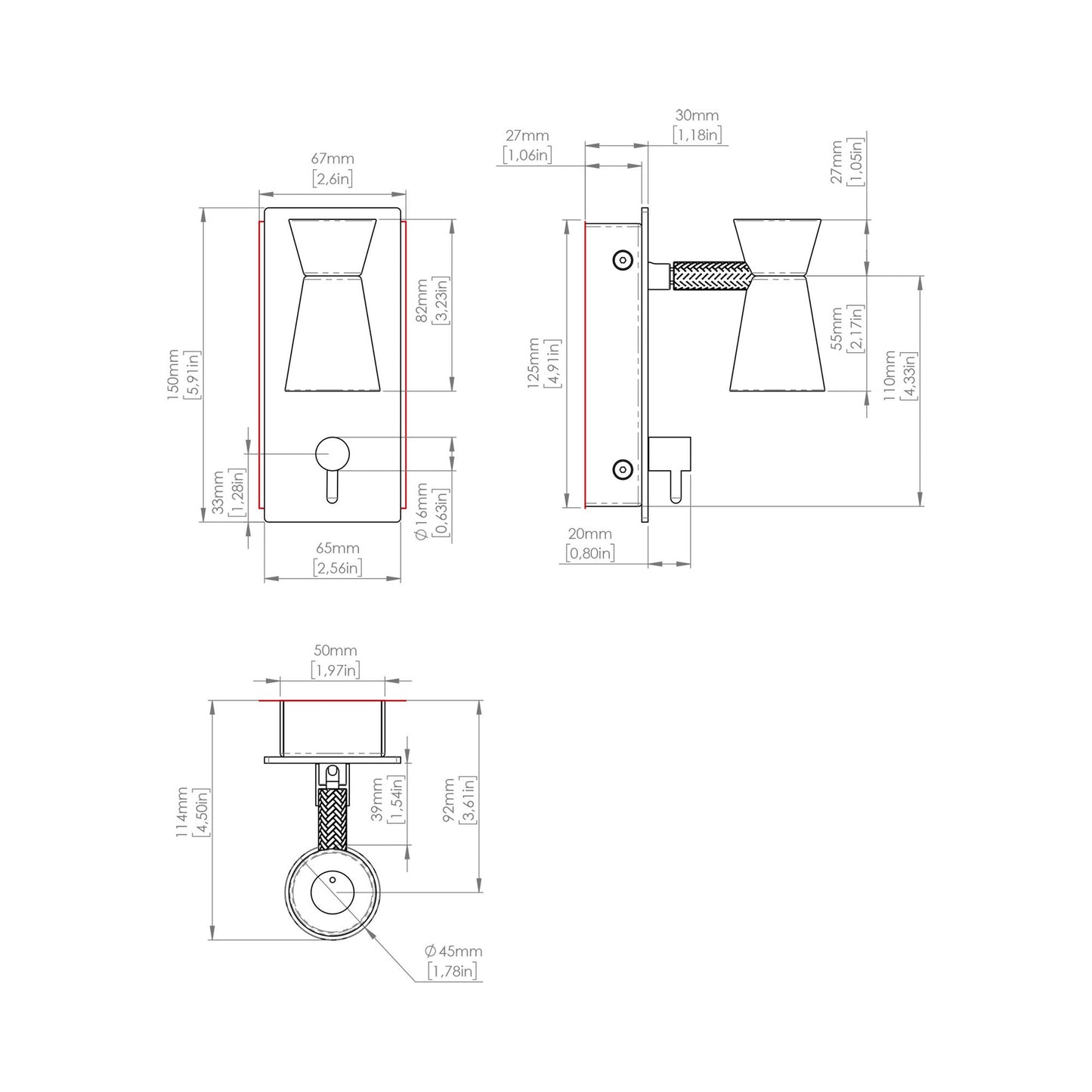 G+T LED Reading Wall Light - line drawing.