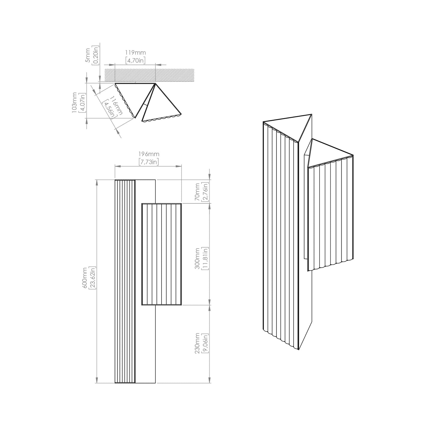 Stick LED Double Wall Light - line drawing.