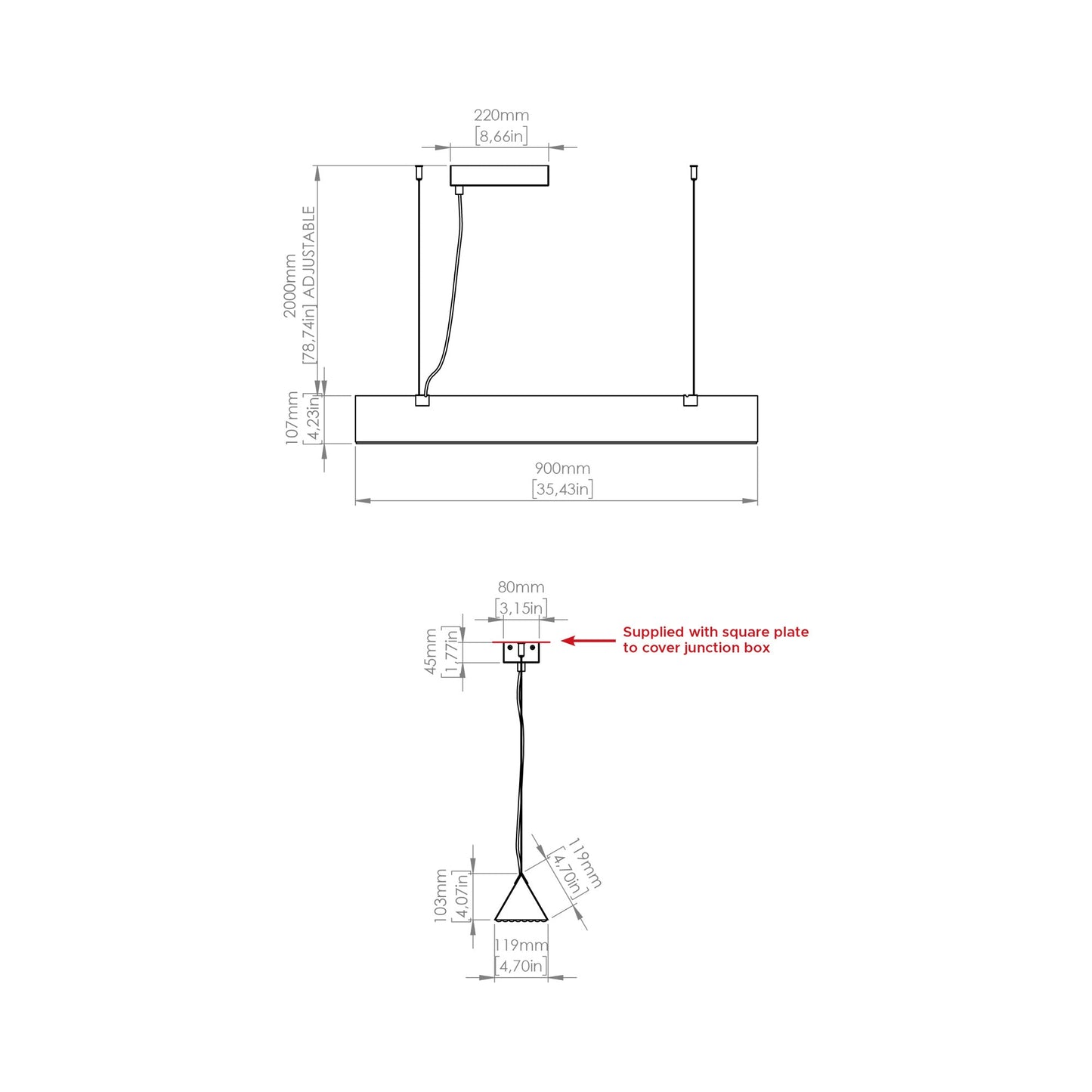 Stick LED Pendant Light - line drawing.
