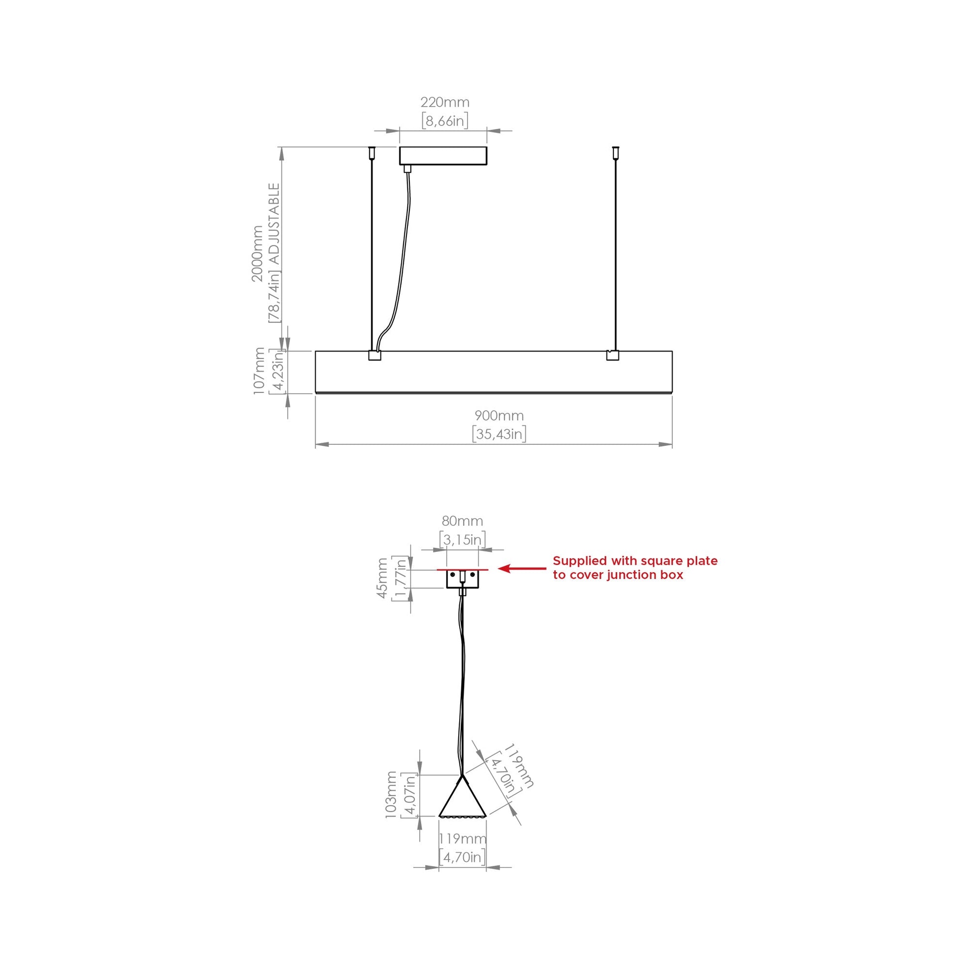 Stick LED Pendant Light - line drawing.